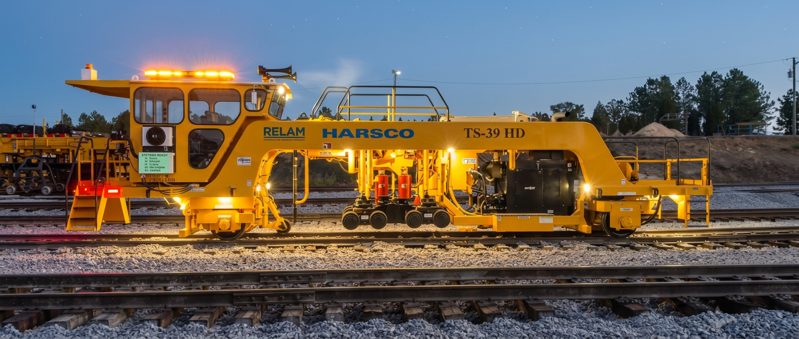 Roadway maintenance machine with warning devices labeled